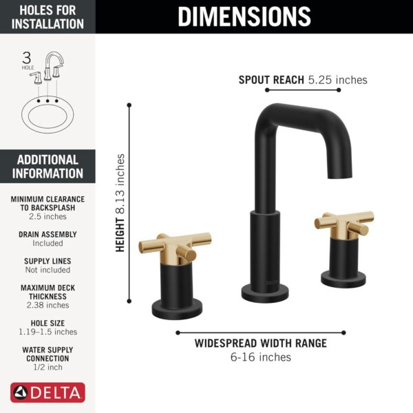 Delta Faucet Nicoli Widespread Bathroom Faucet 3 Hole, Matte Black Bathroom Faucet, 2 Handle Bathroom Faucet, Bathroom Sink Faucet, Drain Assembly, Matte Black 35849LF-BL - Image 30