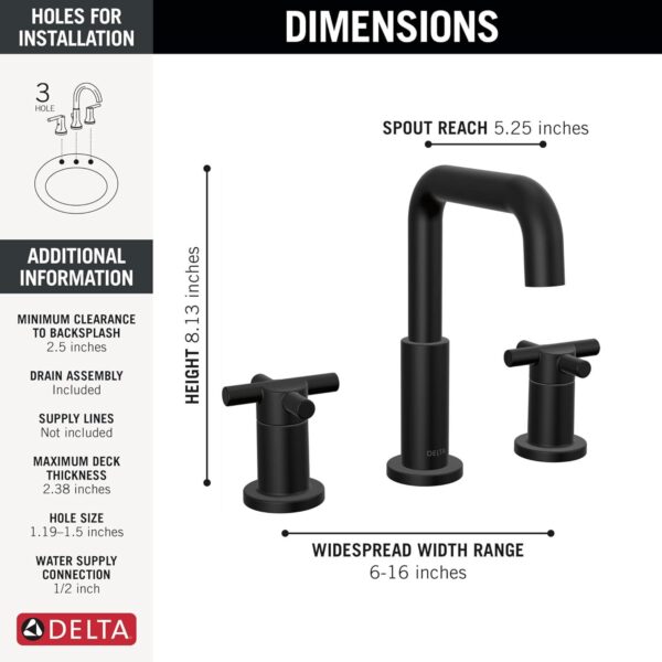 Delta Faucet Nicoli Widespread Bathroom Faucet 3 Hole, Matte Black Bathroom Faucet, 2 Handle Bathroom Faucet, Bathroom Sink Faucet, Drain Assembly, Matte Black 35849LF-BL - Image 26