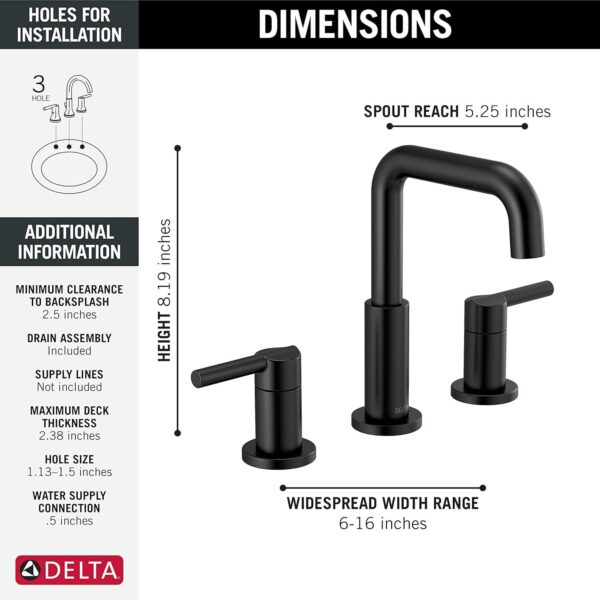 Delta Faucet Nicoli Widespread Bathroom Faucet 3 Hole, Matte Black Bathroom Faucet, 2 Handle Bathroom Faucet, Bathroom Sink Faucet, Drain Assembly, Matte Black 35849LF-BL - Image 3