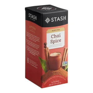 Box of Stash Chai Spice Tea Bags – 30 individually wrapped foil tea bags with bold black tea and aromatic masala spices like cinnamon and cardamom. Eco-friendly packaging ideal for cafés, offices, or home tea stations.